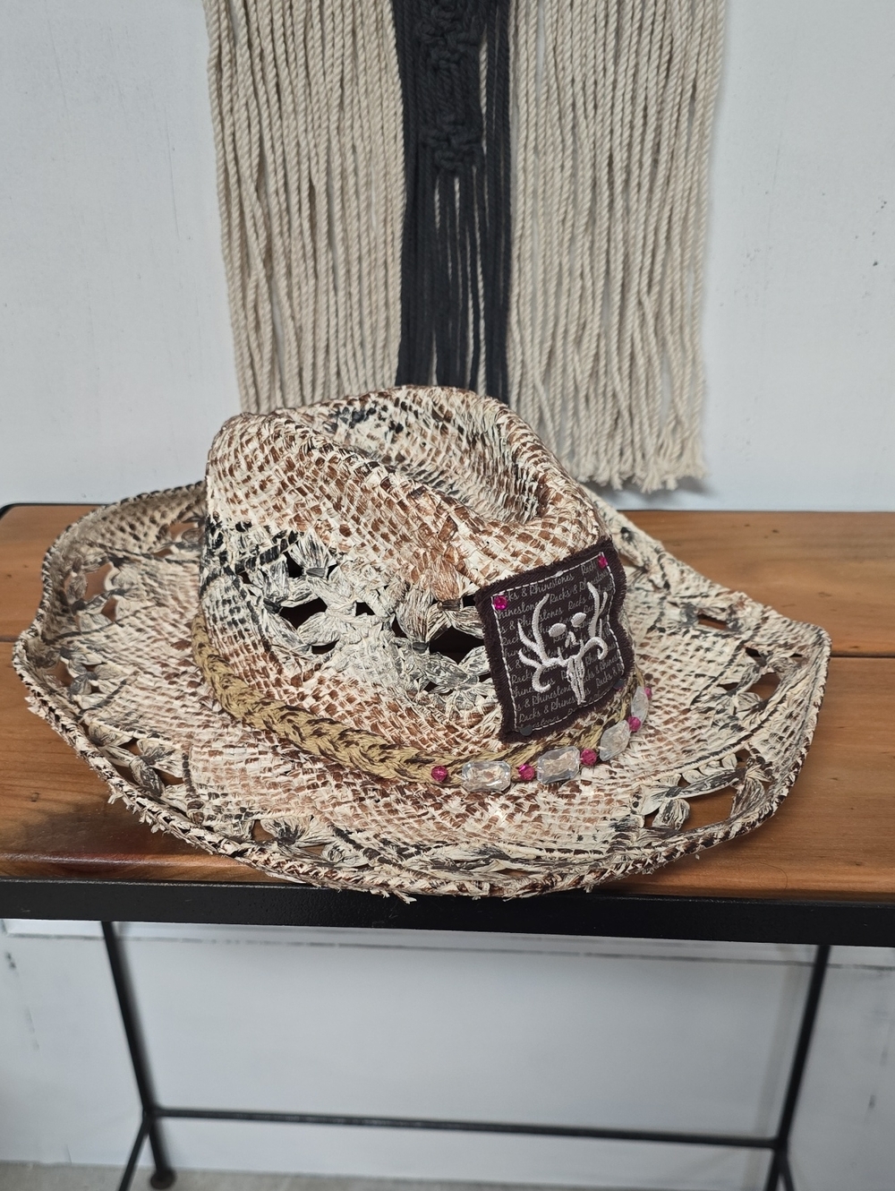 Woven Straw Cowboy Hat with Beaded Trim - Natural